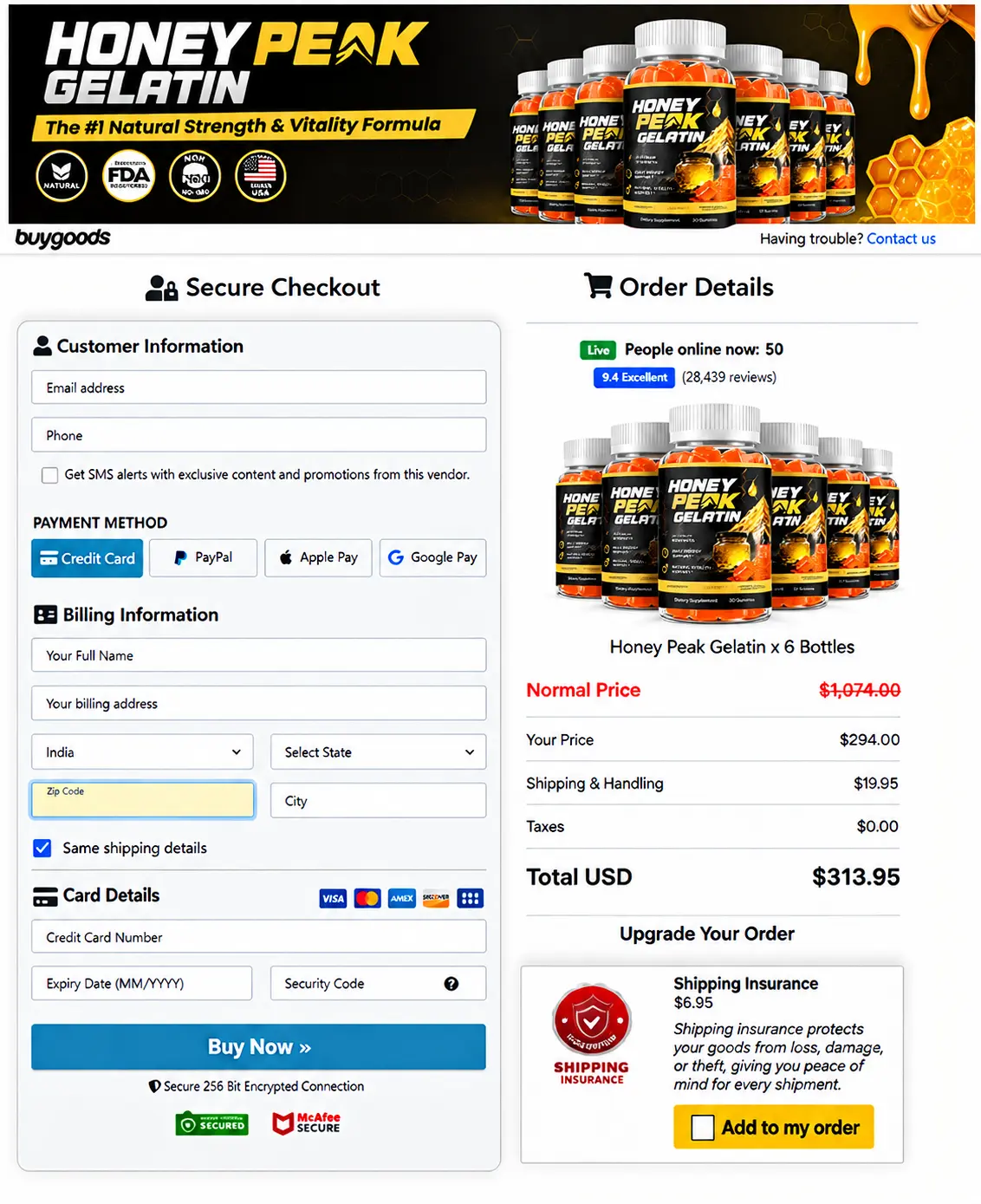 Honey Peak Gelatin order and checkout information